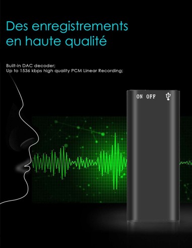 Micro espion enregistreur lecteur MP3 16 Go - Enregistrement continu