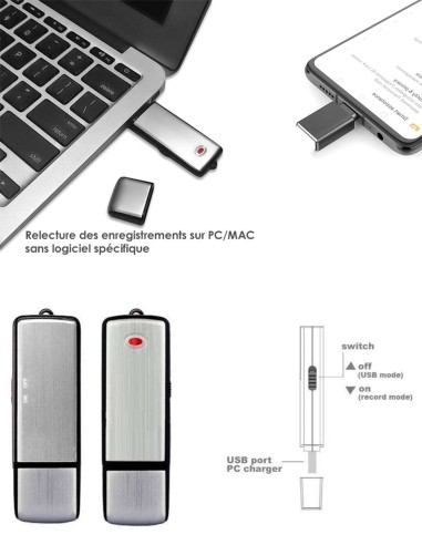 Enregistreur espion clé USB - 8 Go - 96 heures d'enregistrement