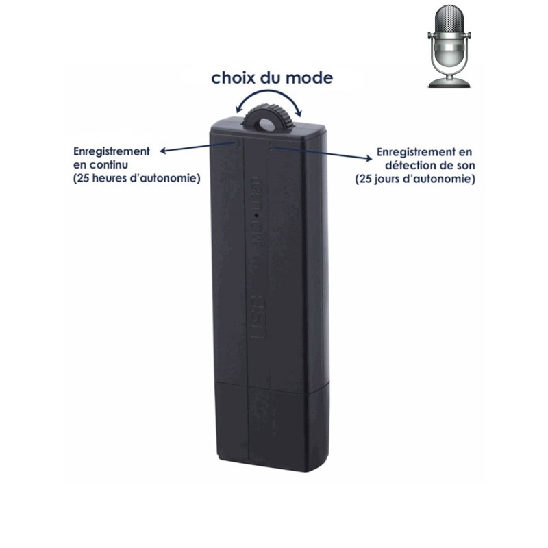Enregistreur vocal Espion Clé USB - Détection de son - Longue autonomie