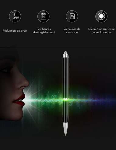 Stylo micro espion noir enregistrement en continu - fonctionnalites