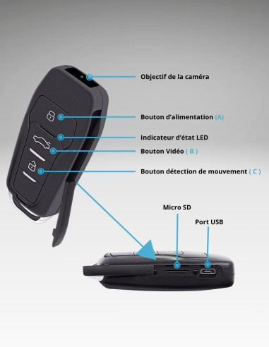 Caméra espion Full HD - clé de voiture - Vision nocturne