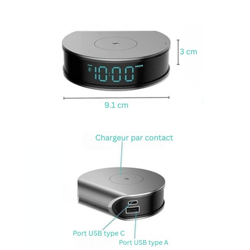 Caméra espion Wifi intégrée dans Réveil / Chargeur à induction